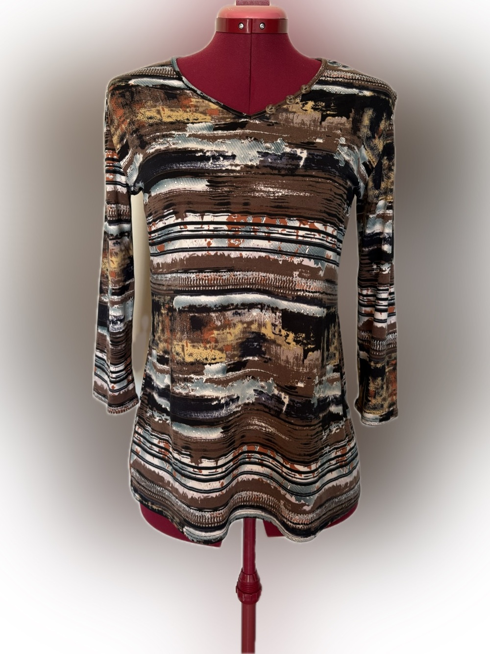 Initiatives Earth Tone Abstract Stripe 3/4 Sleeve Knit Top Button Neck S